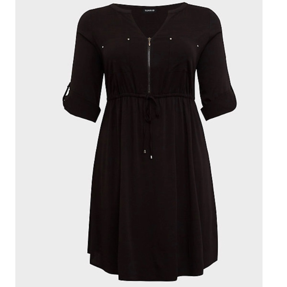 BLACK CHALLIS ZIP FRONT DRAWSTRING SHIRT DRES